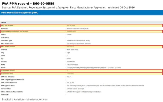 FAA DRS PMA record PQ2457CE Supplement 21 - B60-90-0589 approved replacement for Airbus Helicopters 704A33633153