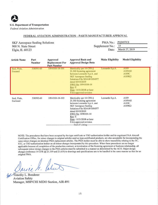 FAA PMA approval PQ2457CE Supplement 15 - SKF 538591-60 approved replacement for Leonardo 109-0104-14-101