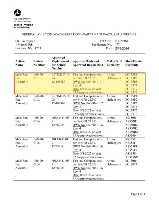 FAA PMA approval PQ0289NE Supplement 17 - SKF B60-90-0101 approved replacement for Airbus L671M20V1004