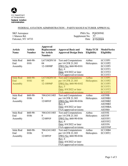 FAA PMA approval PQ0289NE Supplement 17 - SKF B60-90-0102 approved replacement for Airbus L671M20V1005
