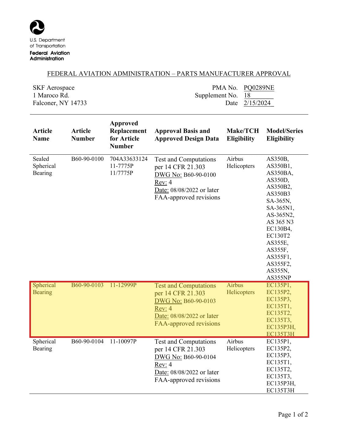 FAA PMA approval PQ0289NE Supplement 18 - SKF B60-90-0103 approved replacement for Airbus 11-12999P