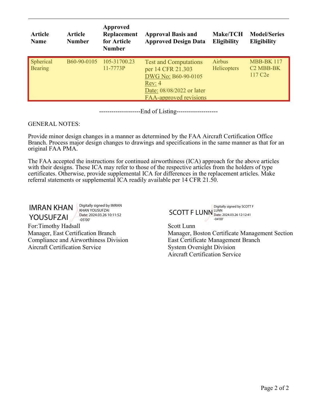 FAA PMA approval PQ0289NE Supplement 18 - SKF B60-90-0105 approved replacement for Airbus 105-31700.23