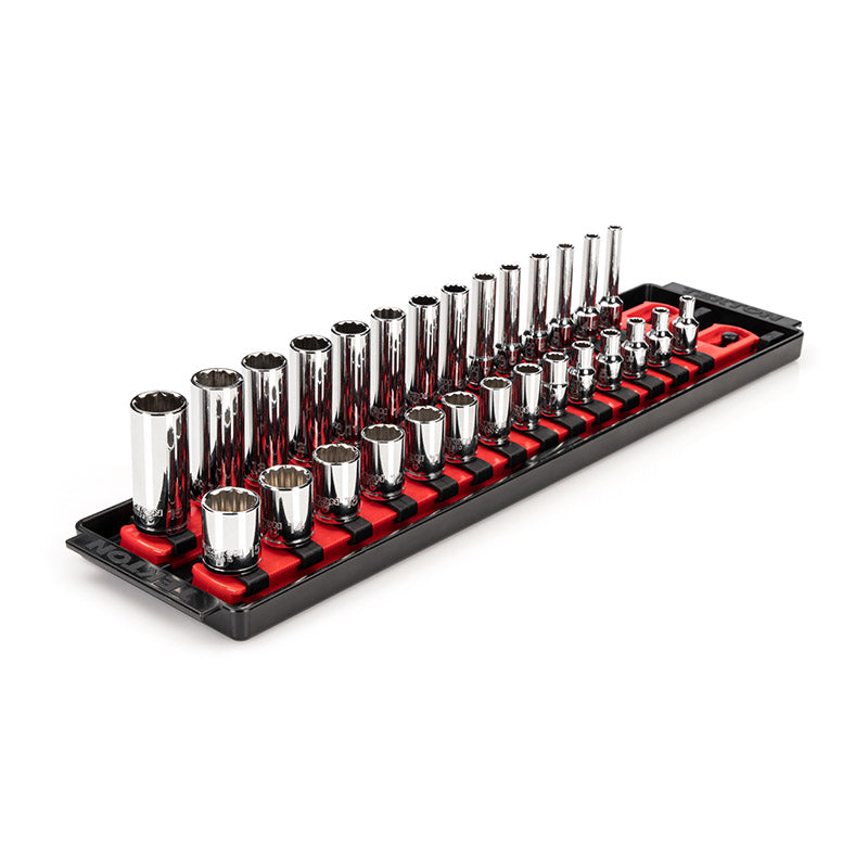 SHD90214 TEKTON - 1/4 Inch Drive 12-Point Socket Set With Rails And Tray 28-Piece (4-15 Mm)
