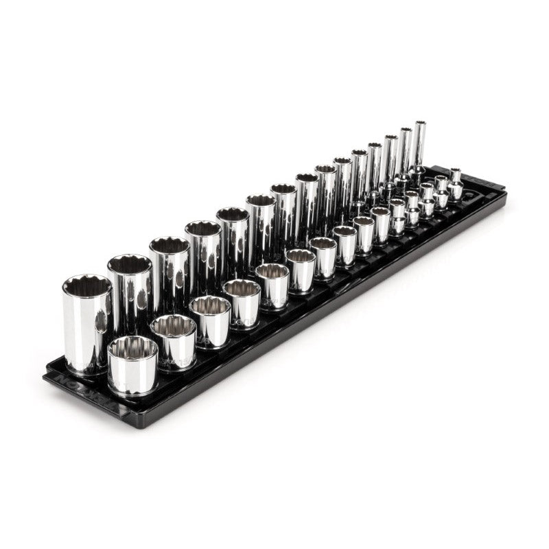 SHD91210 TEKTON - 3/8 Inch Drive 12-Point Socket Set With Rails And Tray 30-Piece (1/4-1 In.)