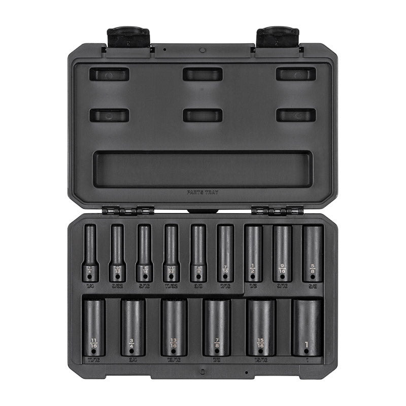 SID91305 TEKTON - 3/8 Inch Drive Deep 12-Point Impact Socket Set With Case 15-Piece (1/4-1 In.)
