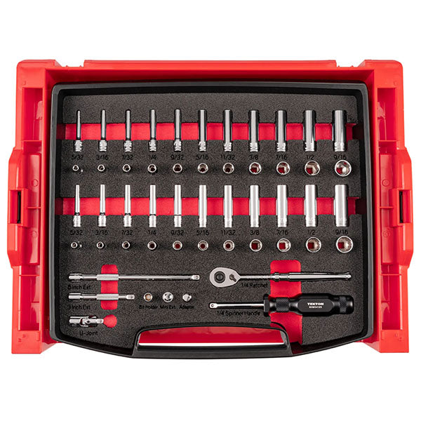 52-PIECE Tekton - 1/4 Inch Drive Shallow And Deep 6-Point And 12-Point Socket And Ratchet Set With Open Top Drawer And Rack, (5/32 - 9/16 In.)