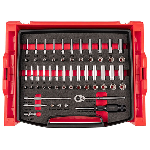 58-PIECE Tekton - 1/4 Inch Drive Shallow And Deep 12-Point Socket And Ratchet Set With Open Top Drawer And Rack, (5/32 - 9/16 In., 4 - 15 mm)