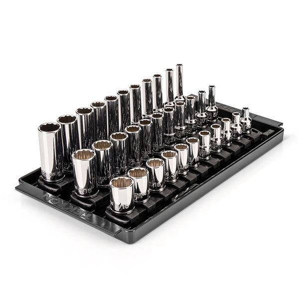 33-PIECE TEKTON - 1/4 INCH DRIVE SHALLOW, SEMI-DEEP, AND DEEP 12-POINT SOCKET SET WITH RAILS AND TRAYS, (5/32 - 9/16 IN.)