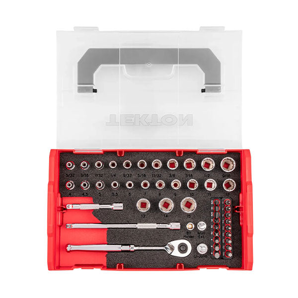 49-PIECE Tekton - 1/4 Inch Drive 12-Point Socket, Bit, And Ratchet Set With Mini Stacking Tool Box, (5/32 - 9/16 In., 4 - 15 mm)
