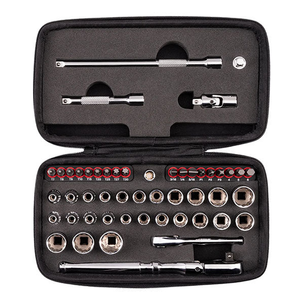50-PIECE Tekton - 1/4 Inch Drive 12-Point Small Engine Shallow Socket, Bit And Flex Head Quick-Release Ratchet Set With Case