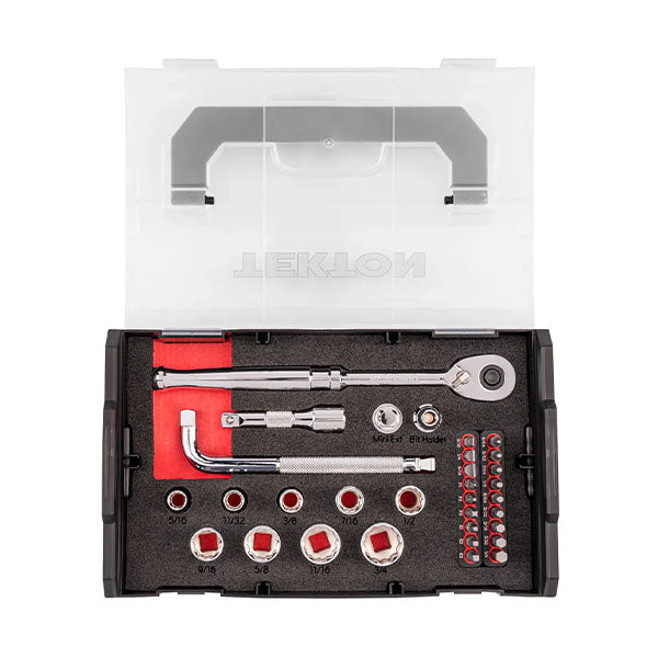32-PIECE Tekton - 3/8 Inch Drive 12-Point Socket, Bit, And Ratchet Set With Mini Stacking Tool Box, (5/16 - 3/4 In.)