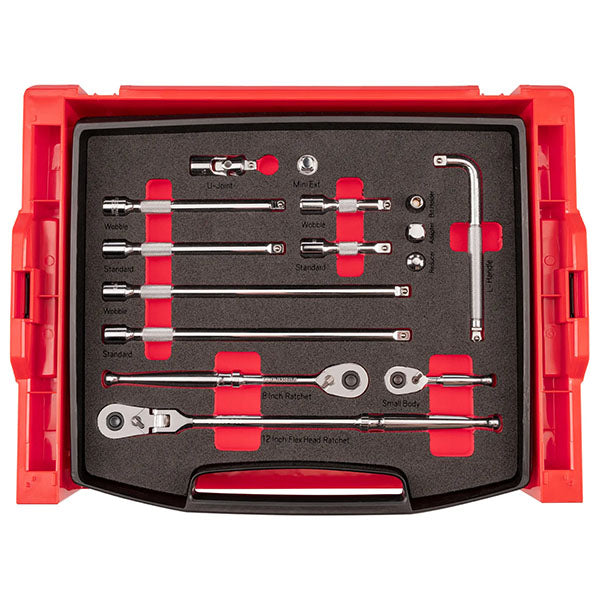 13-PIECE Tekton - 3/8 Inch Drive Ratchet And Accessories Set With Open Top Drawer And Rack