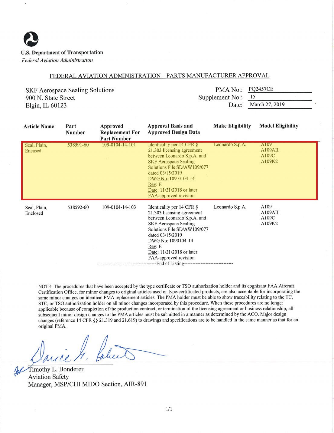 FAA PMA approval PQ2457CE Supplement 15 - SKF 538591-60 approved replacement for Leonardo 109-0104-14-101