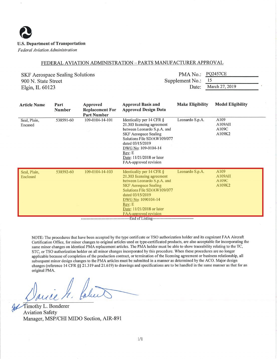FAA PMA approval PQ2457CE Supplement 15 - SKF 538592-60 approved replacement for Leonardo 109-0104-14-103