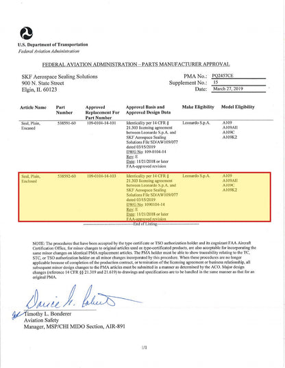 FAA PMA approval PQ2457CE Supplement 15 - SKF 538592-60 approved replacement for Leonardo 109-0104-14-103