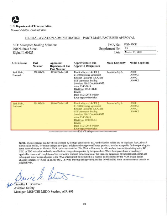 FAA PMA approval PQ2457CE Supplement 15 - SKF 538592-60 approved replacement for Leonardo 109-0104-14-103