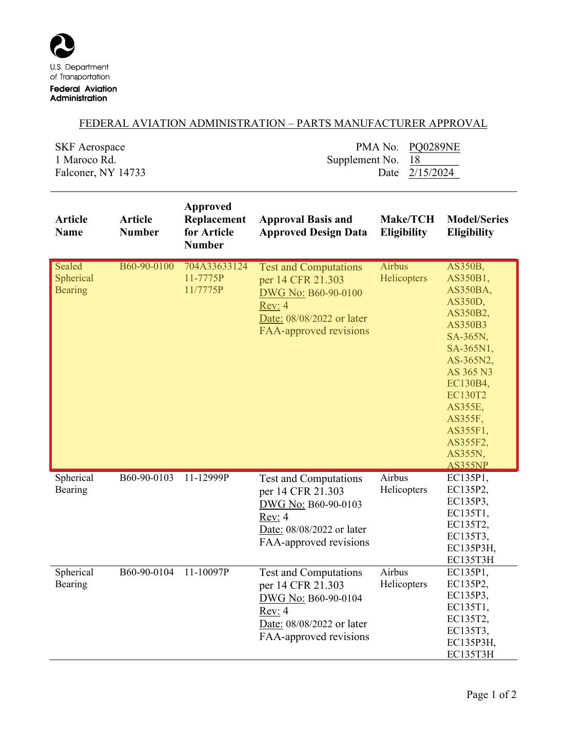 FAA PMA approval PQ0289NE Supplement 18 - SKF B60-90-0100 approved replacement for Airbus 704A33633124 / SKF 11-7775P