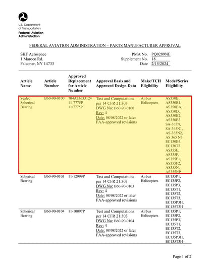 FAA PMA approval PQ0289NE Supplement 18 - SKF B60-90-0100 approved replacement for Airbus 704A33633124 / SKF 11-7775P