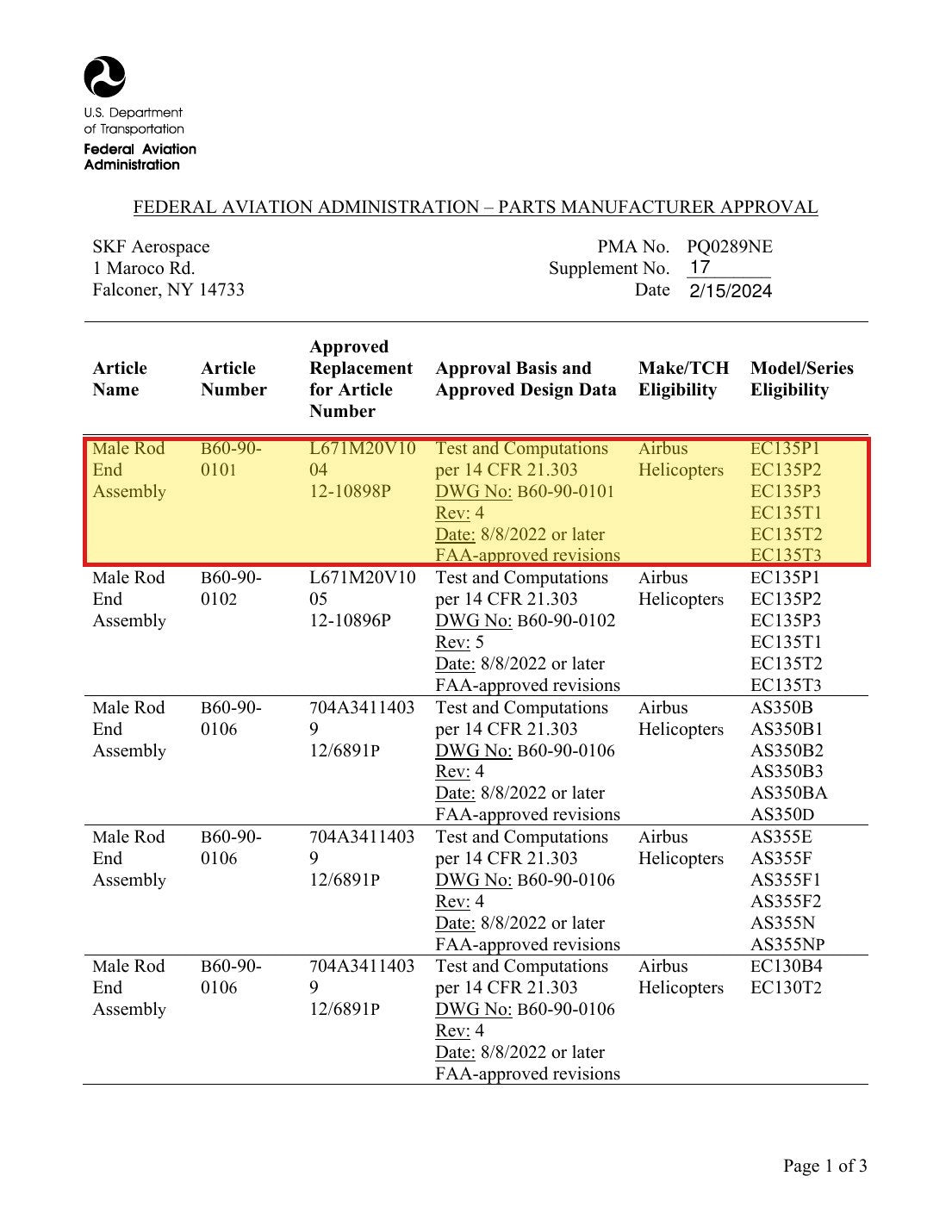FAA PMA approval PQ0289NE Supplement 17 - SKF B60-90-0101 approved replacement for Airbus L671M20V1004