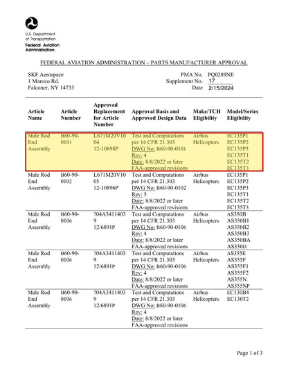 FAA PMA approval PQ0289NE Supplement 17 - SKF B60-90-0101 approved replacement for Airbus L671M20V1004