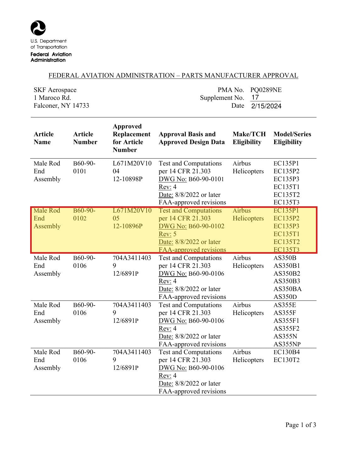 FAA PMA approval PQ0289NE Supplement 17 - SKF B60-90-0102 approved replacement for Airbus L671M20V1005