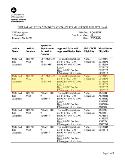 FAA PMA approval PQ0289NE Supplement 17 - SKF B60-90-0102 approved replacement for Airbus L671M20V1005
