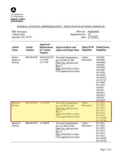 FAA PMA approval PQ0289NE Supplement 18 - SKF B60-90-0103 approved replacement for Airbus 11-12999P
