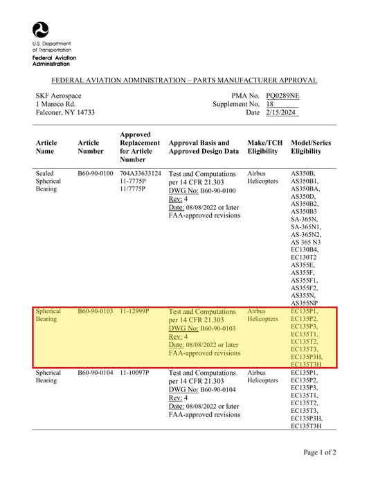 FAA PMA approval PQ0289NE Supplement 18 - SKF B60-90-0103 approved replacement for Airbus 11-12999P