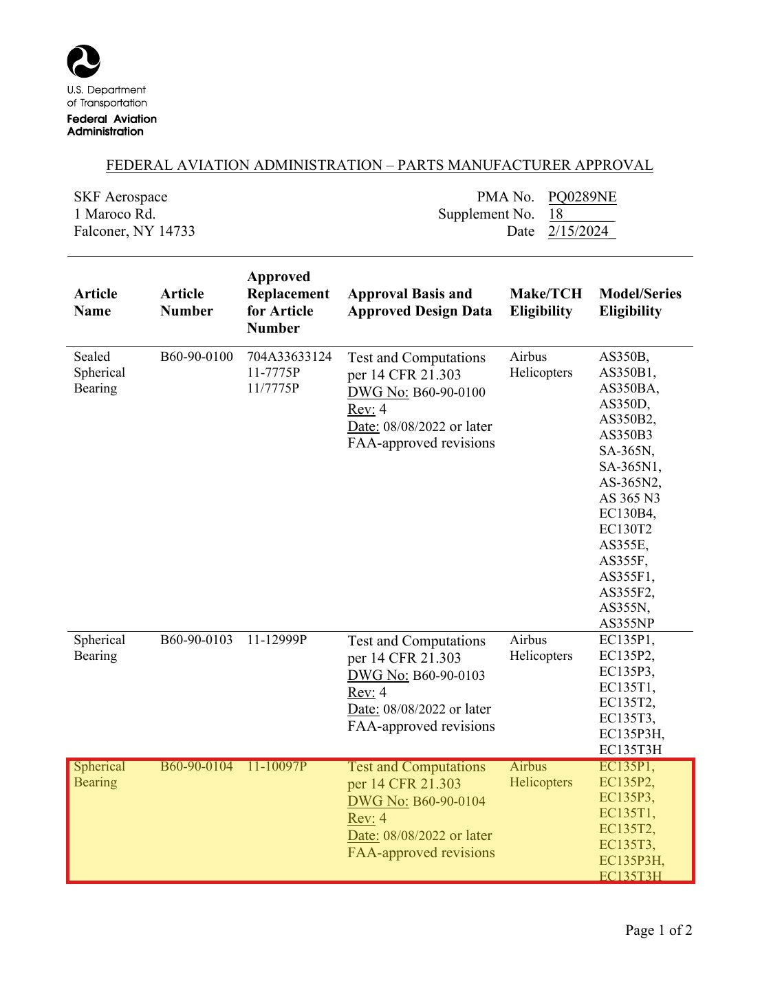 FAA PMA approval PQ0289NE Supplement 18 - SKF B60-90-0104 approved replacement for Airbus 11-10097P