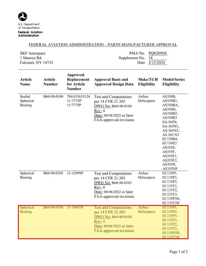 FAA PMA approval PQ0289NE Supplement 18 - SKF B60-90-0104 approved replacement for Airbus 11-10097P