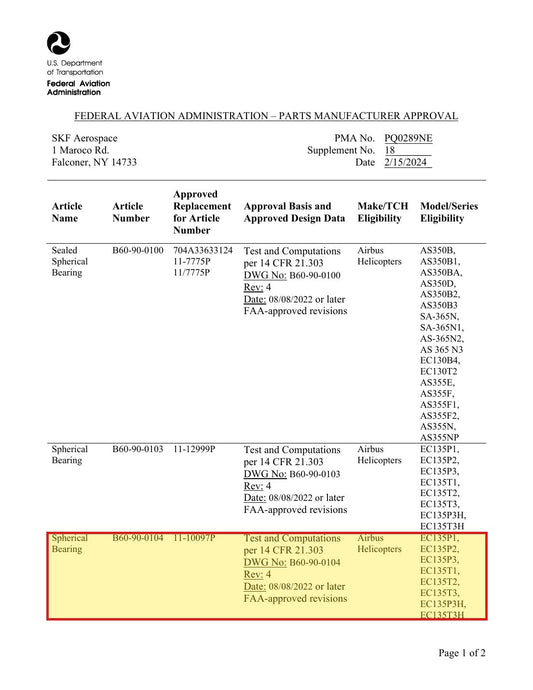 FAA PMA approval PQ0289NE Supplement 18 - SKF B60-90-0104 approved replacement for Airbus 11-10097P