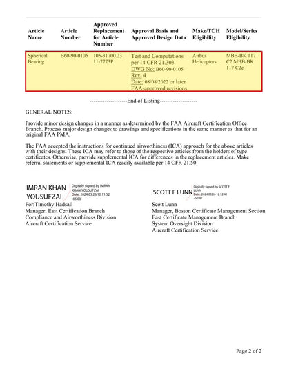 FAA PMA approval PQ0289NE Supplement 18 - SKF B60-90-0105 approved replacement for Airbus 105-31700.23