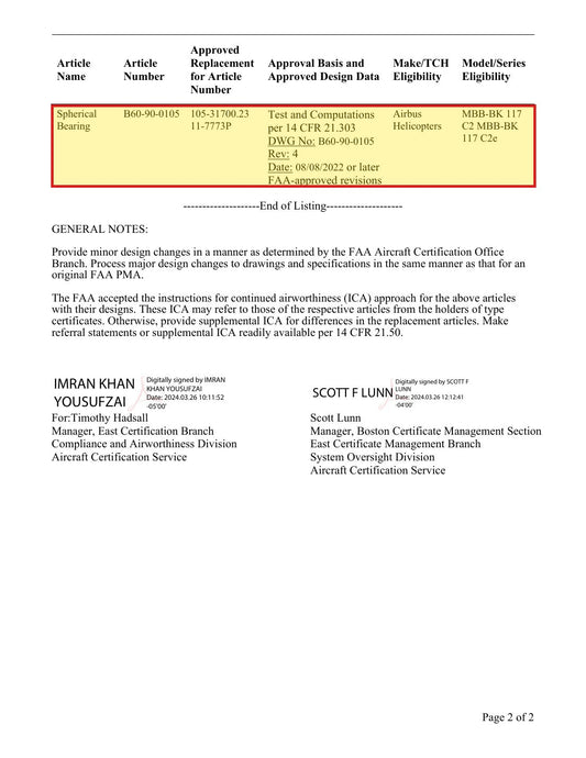 FAA PMA approval PQ0289NE Supplement 18 - SKF B60-90-0105 approved replacement for Airbus 105-31700.23