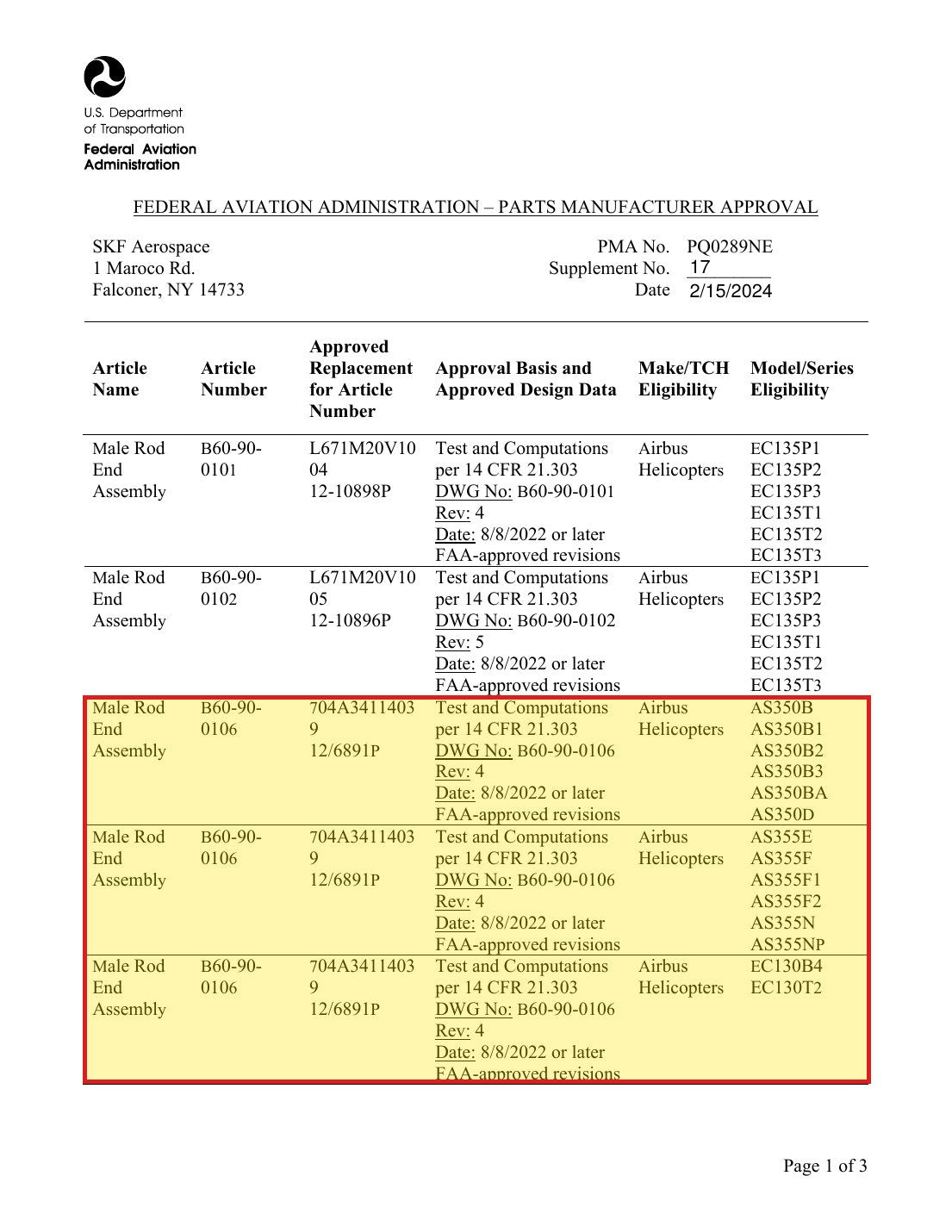 FAA PMA approval PQ0289NE Supplement 17 - SKF B60-90-0106 approved replacement for Airbus 704A34114039